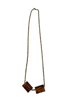 Vintage Amber Lucite Resin Block Necklace Gold Tone Chain Geometric Statement 22